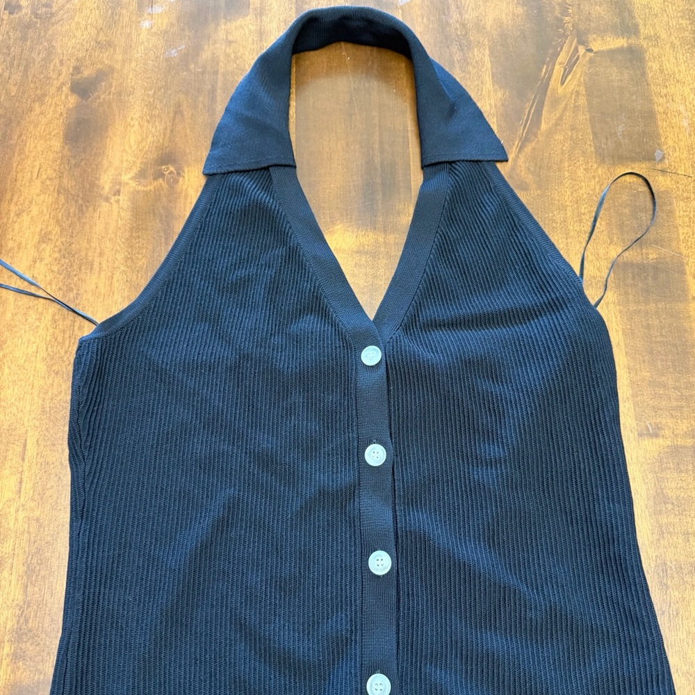 Women’s Hausen Black Ribbed Halter Top Collar Button Large NWOT